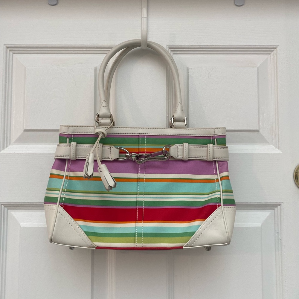 RARE Coach Vintage Hampton Multicolor Striped Bag w White Leather Details